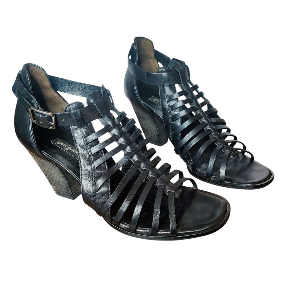 Paul Green Christy Black Leather Caged Huarache Strappy Heel Sandals 5.5 Y2K